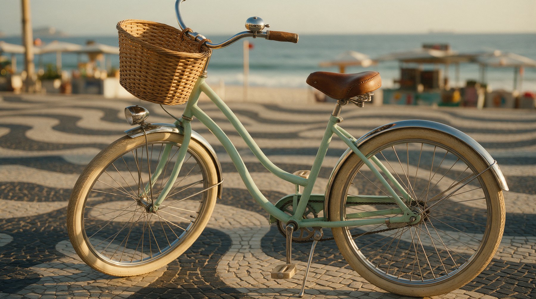 Bicicleta retrô com cesto no calçadão de Copacabana