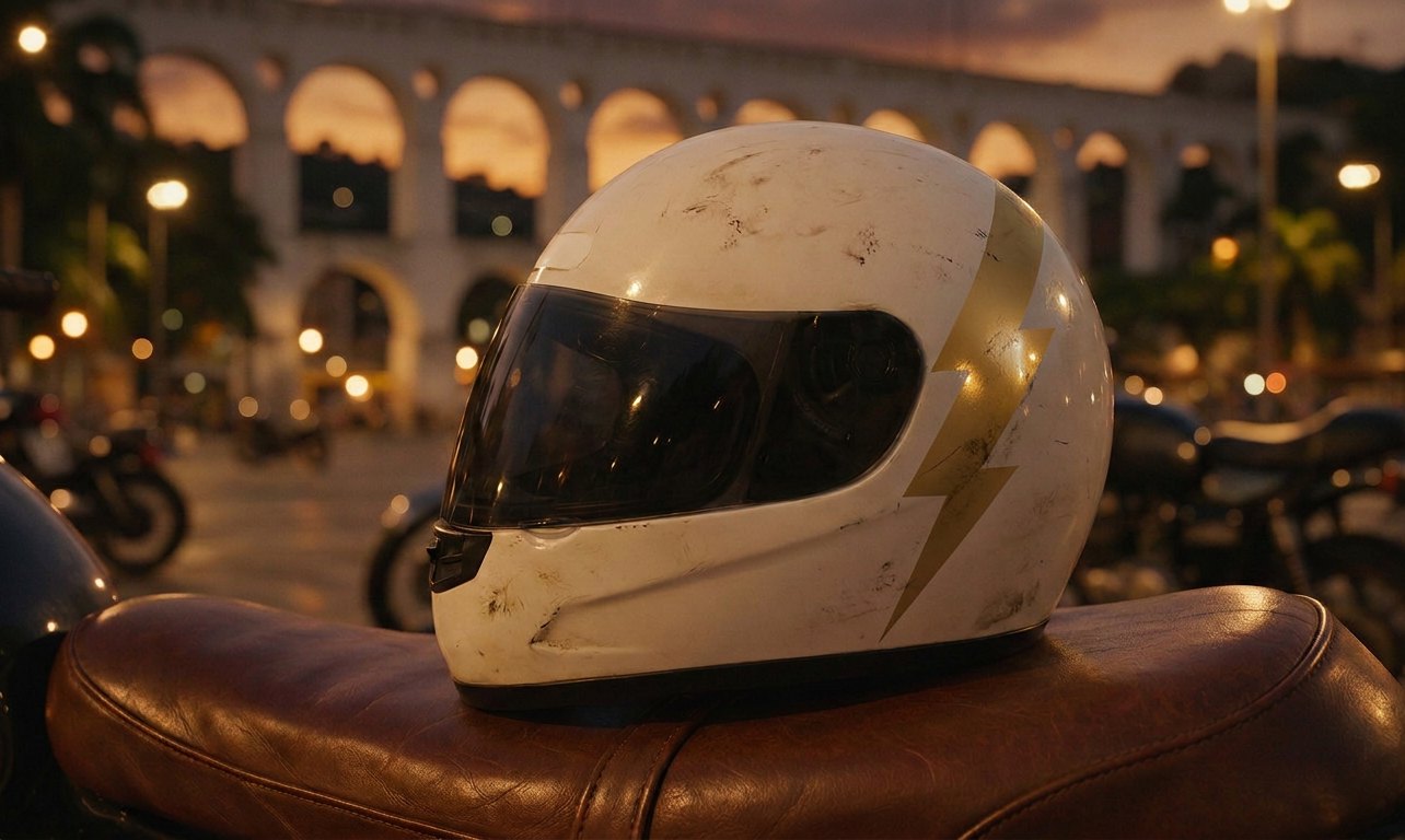 Capacete com o raio de Harry sobre uma moto, com os Arcos da Lapa ao fundo