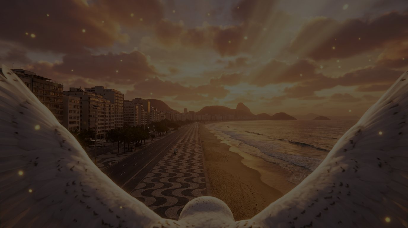 Coruja de asas abertas sobrevoando o calçadão de Copacabana ao entardecer