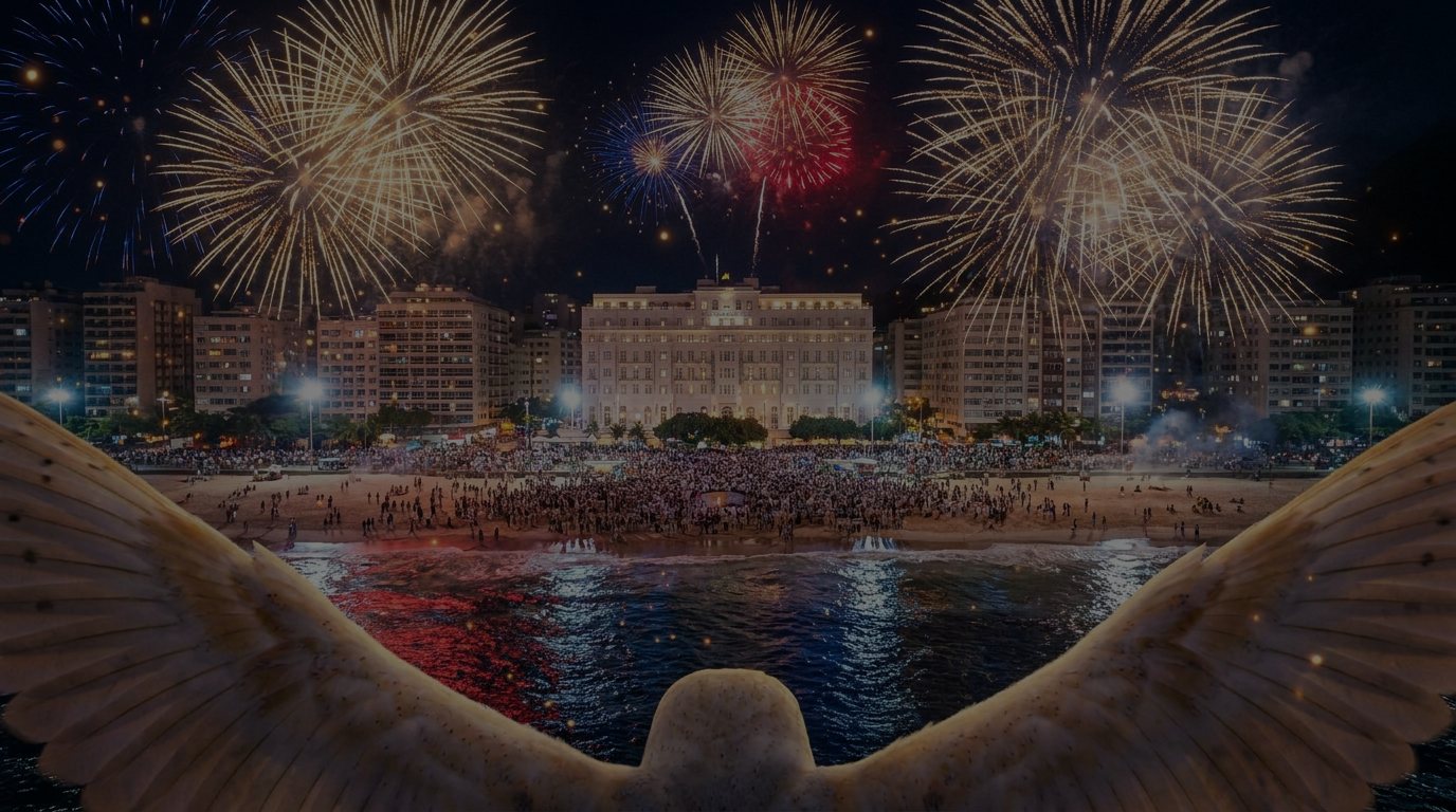Fogos de artifício sobre Copacabana no Réveillon, com a coruja em primeiro plano