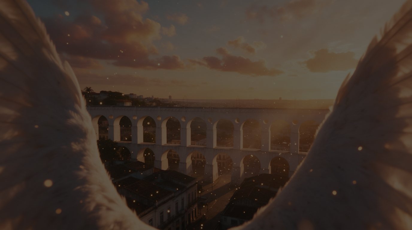 Arcos da Lapa ao pôr do sol entre as asas da coruja