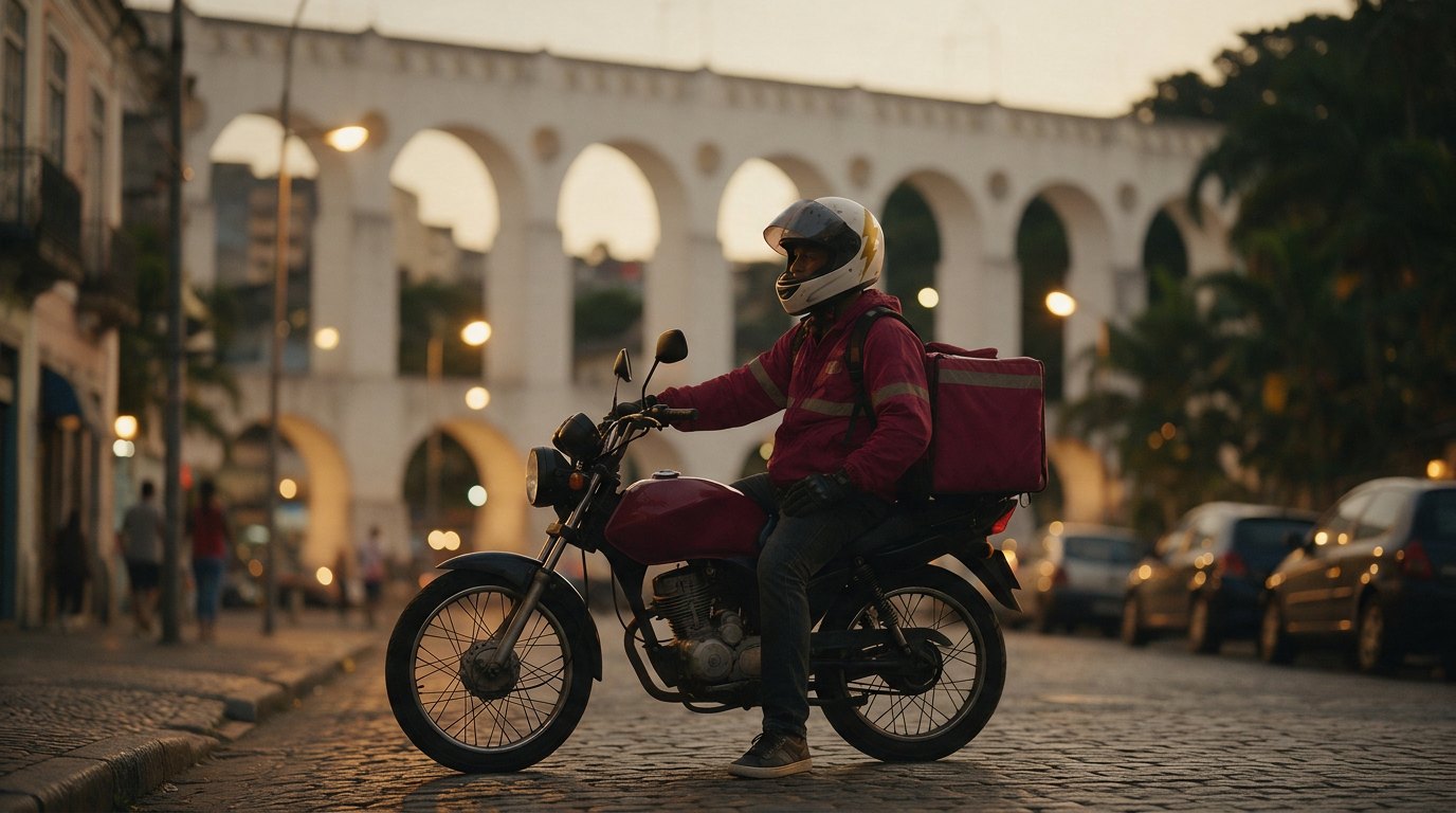 Motociclista com mochila bordô diante dos Arcos da Lapa