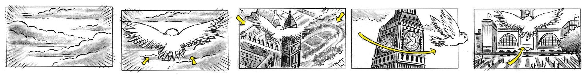 Prancha 1 do storyboard: nuvens, coruja em voo, Londres, Big Ben e estação