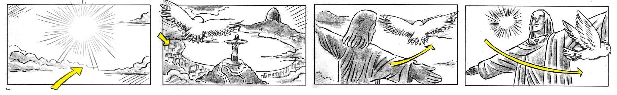 Prancha 3 do storyboard: sol, chegada ao Rio, Cristo Redentor e coruja