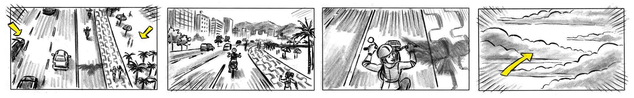 Prancha 4 do storyboard: avenida, bicicleta, motos, turista e nuvens