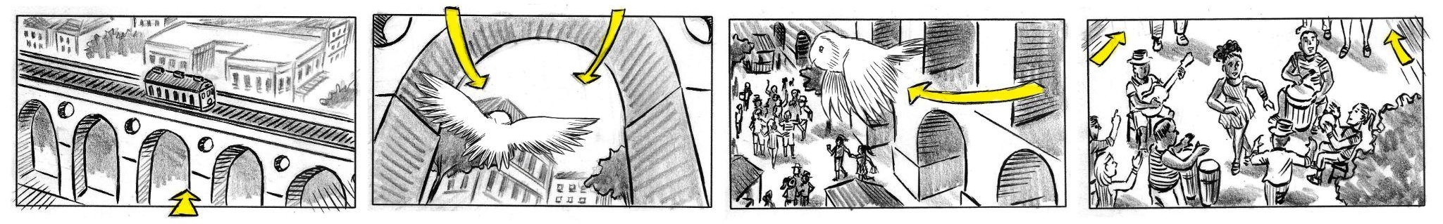 Prancha 5 do storyboard: Arcos da Lapa, coruja, roda de samba
