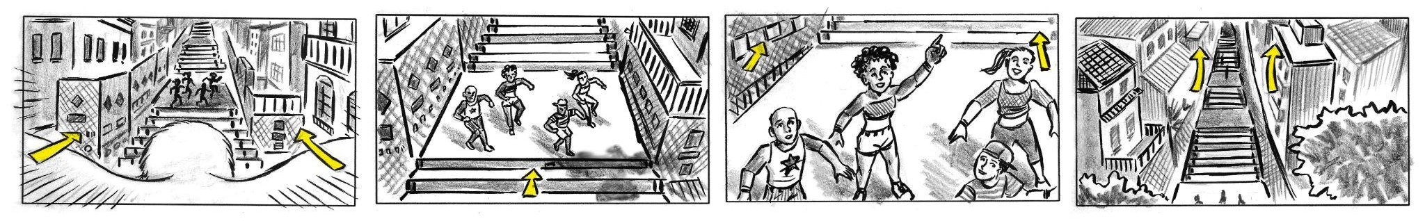 Prancha 6 do storyboard: Escadaria Selarón, passinho e voo rumo às nuvens
