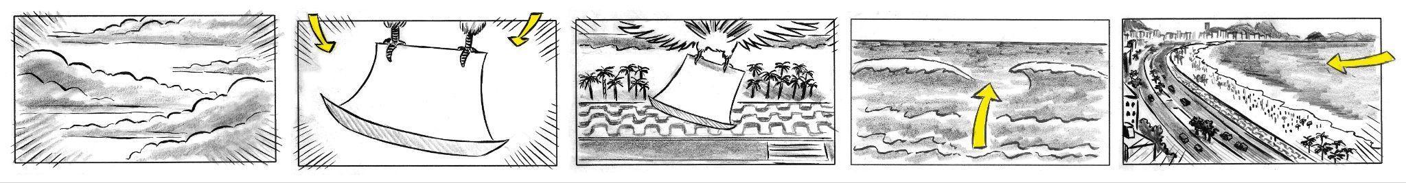 Prancha 7 do storyboard: nuvens, praia, Copacabana e chegada ao Réveillon